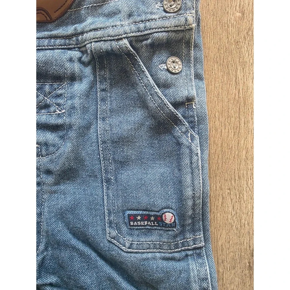 Vtg Kids Denim Baseball Overalls Future All Star Blue Light Wash 6-9M
